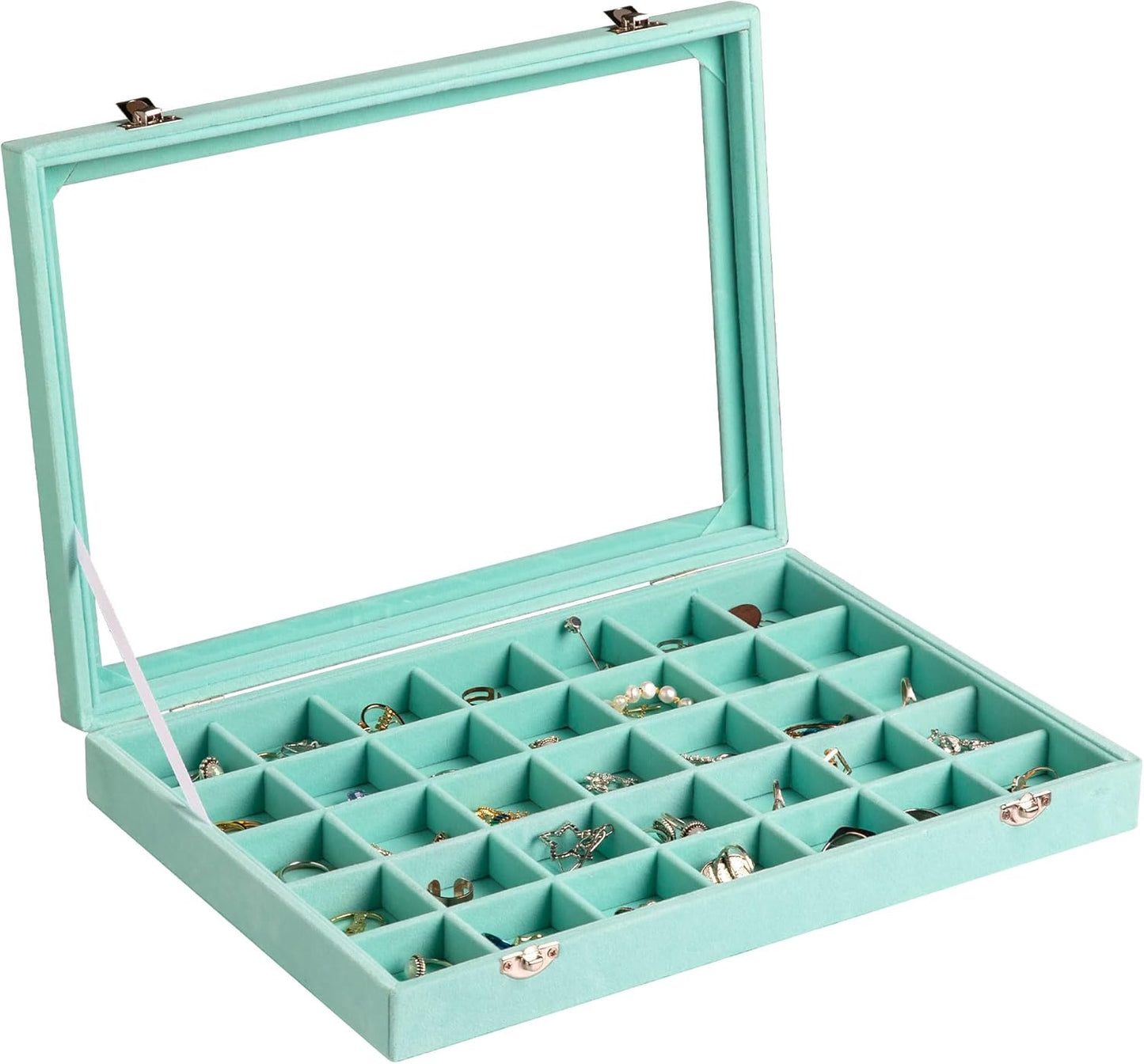Frebeauty Velvet Jewelry Tray,35 Grid Jewelry Organizer with Clear Lid,Earring Holder Organizer Case with Clasp,Drawer Insert for Rings Studs,13.8 x 9.5 x 2 Inches,Gift for Women Girls(Turquoise)