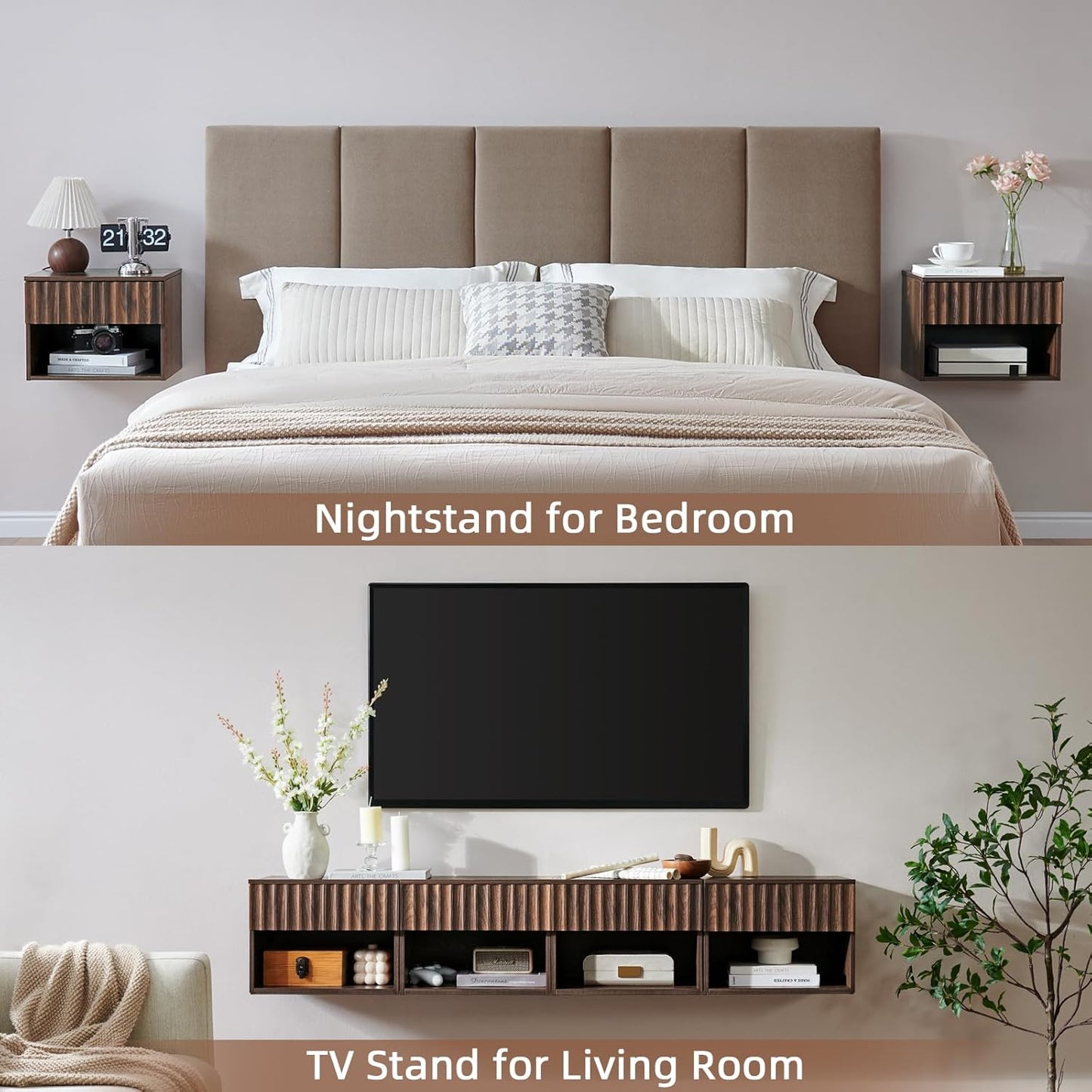Floating Nightstand with Fluted Drawer - Modern Wall Mounted Bedside Table with Open Storage Shelf, Small Night Stand TV Stand for Bedroom(Walnut, Set of 2)