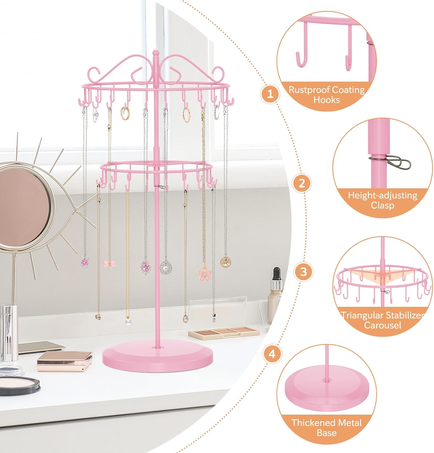 iDavosic.ly 2 Tier Rotating Necklace Holder Organizer with 42 Hooks, Adjustable Metal Bracelet Display Stand Rack, Extra Tall Keychain Spinning Tree Tower for Women, Pink