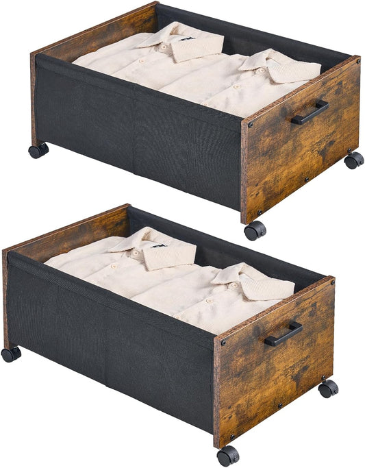 Under Bed Storage with Wheels, Wooden Under Bed Drawers On Wheels, Rolling Under Bed Shoe Storage, Space Saving, Rustic Brown,70L