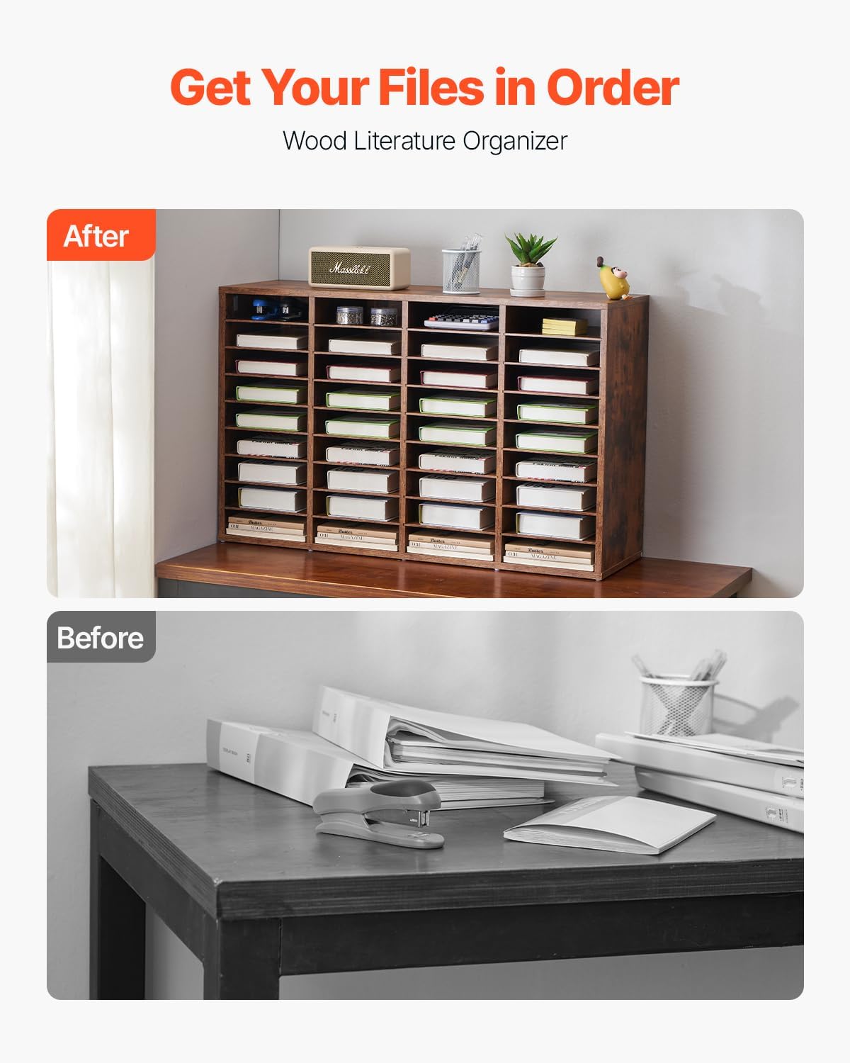 VEVOR Literature Organizer, 36 Compartments Office Mailbox with Removable Shelves, Wood Mailbox Sorter Particle Board Office Home Classroom Storage, File Sorter for File, Document, Paper, Retro Brown
