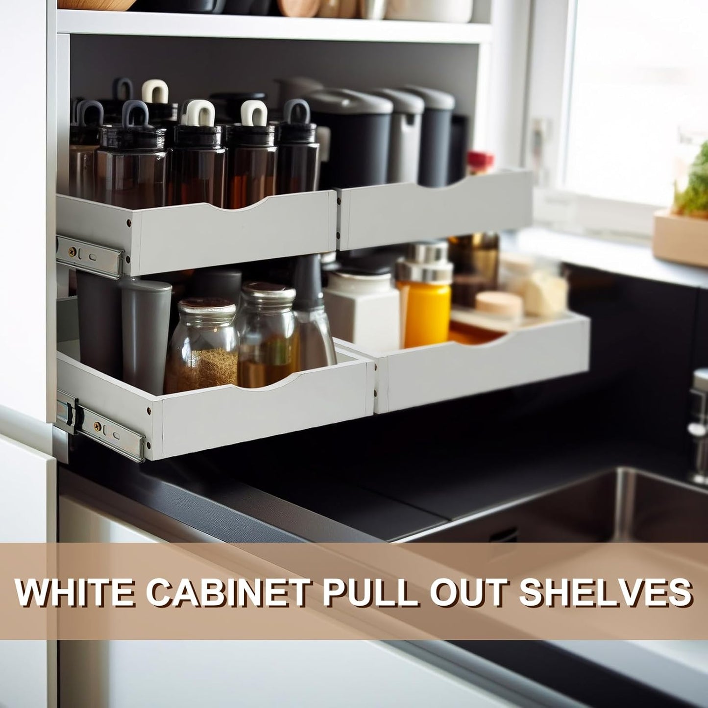 Menkxi 2 Set Pull out Tray Cabinet Organizer Wooden Pull Drawers storage Slide out Pantry Shelf for Base Cabinet Kitchen Gentle Close Fully Assembled Accessories(White,15'' X 21'' X 3'')