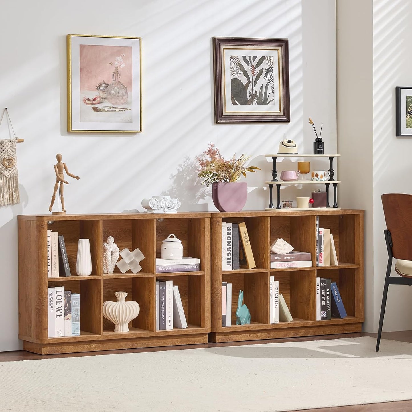 6 Cube Storage Organizer, 40" Wide Low Horizontal Book Shelf with Curved Edge, Floor Standing 2-Tier Wooden Bookshelf with Base, Modern Short Lattice Bookcase for Bedroom, Home Office, Brown