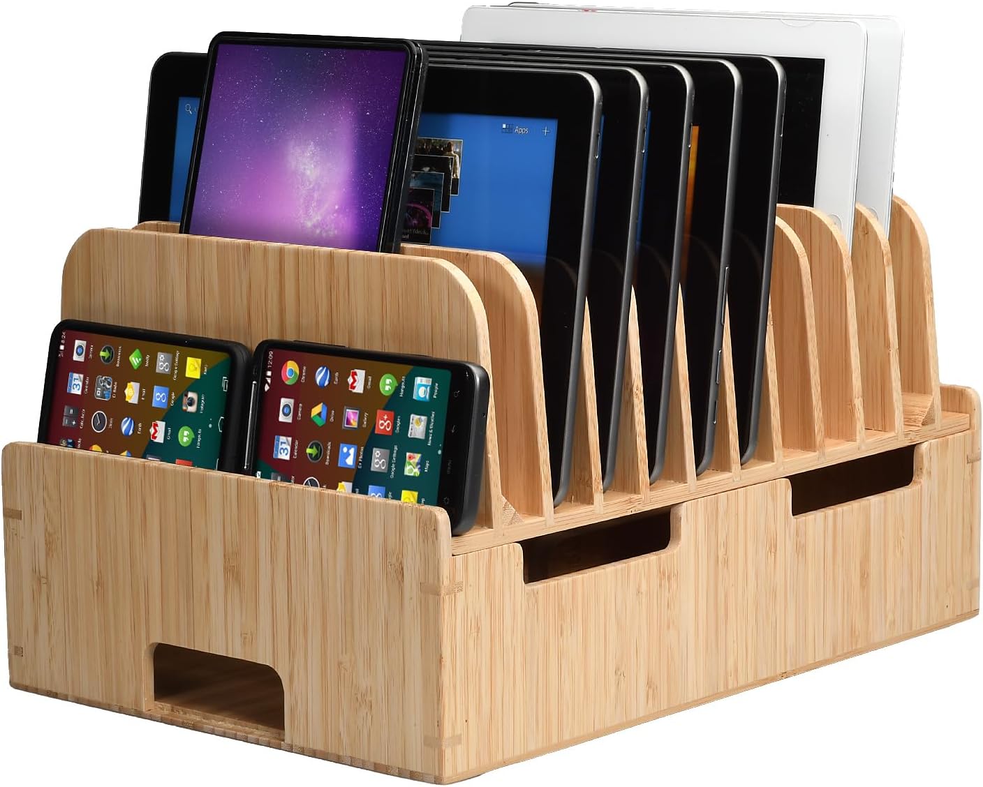 MobileVision Bamboo 12-Port Charging Station & Docking Organizer for Smartphones & Tablets, Family-Sized, for use in Corporate Offices & Classrooms