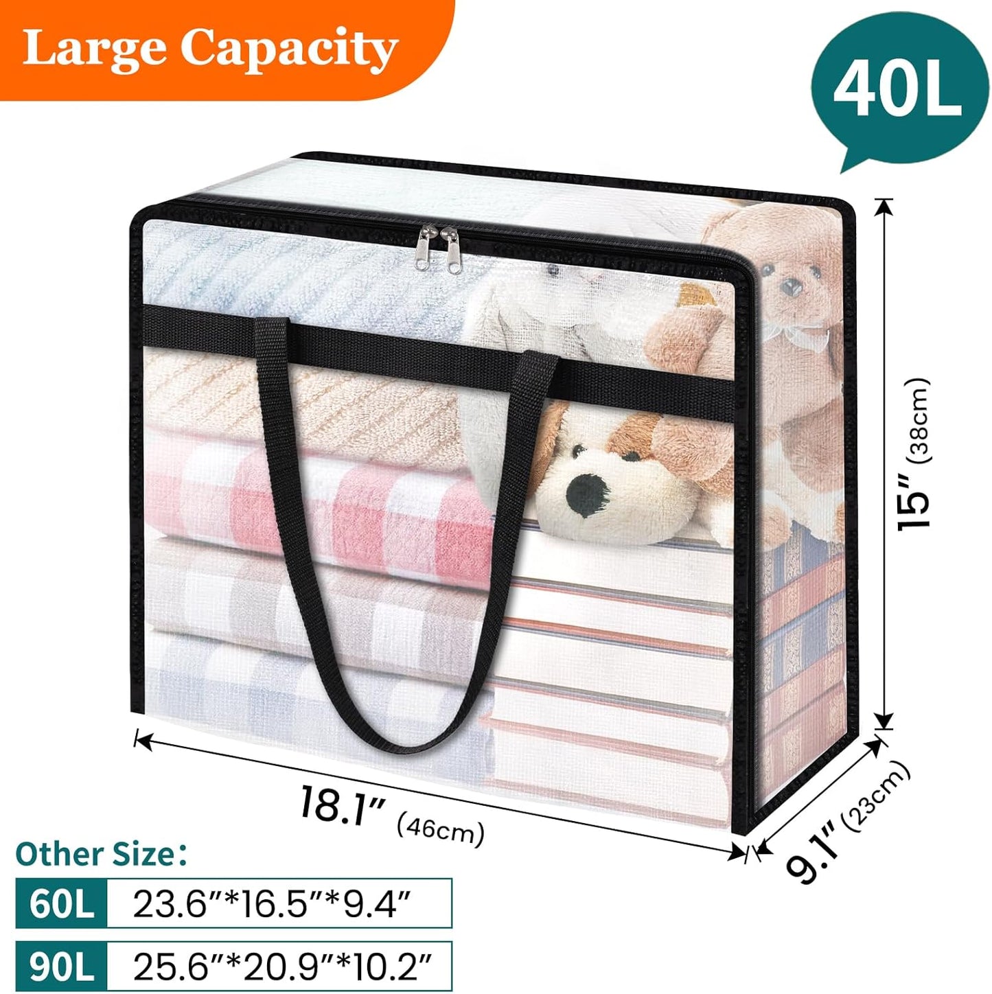 4 Pack Clear Storage Bags for Comforter, Clothes & Bedding, Plastic Blanket Storage with Zipper and Handle, Moving Bags, Closet Organizer and Under-Bed Storage (40L)