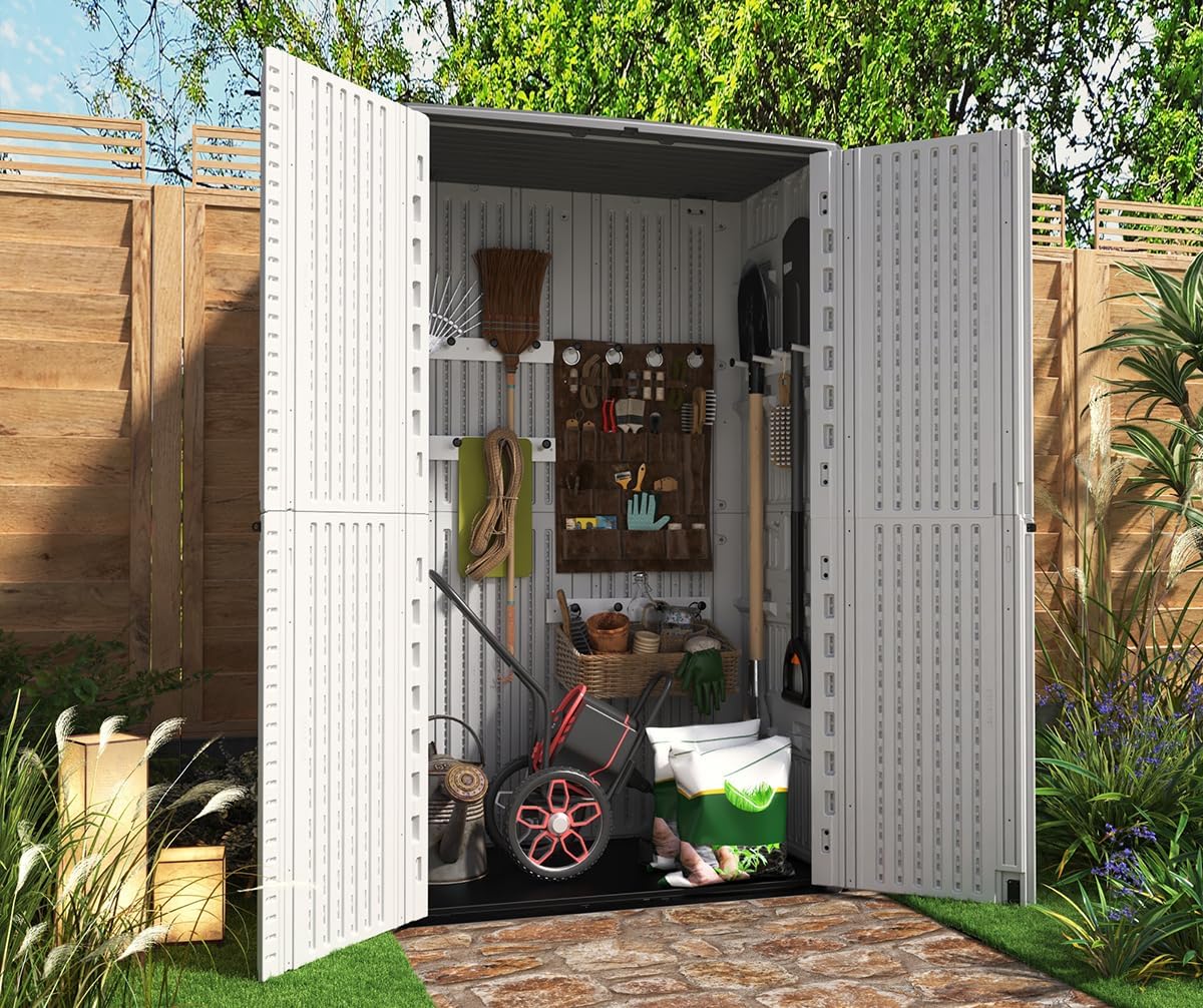 Outdoor Storage Shed,KINYING Outdoor Storage Cabinet Waterproof with Double Doors,52 Cu.ft Resin Vertical Tool Shed for Garden,Patio,Backyard,4×2.5×6.6 FT