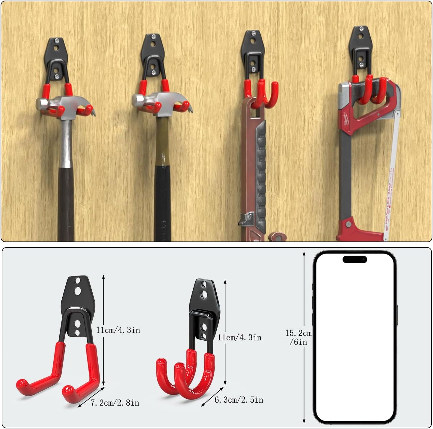 3-H Garage Wall Hooks 10 Pack, Heavy Duty Garage Hooks with Extra Welding Spots, Wall Mount Storage Organizer for Hanging Garden Lawn Tools, Chair, Shovel, Blower, Toolkit (red)