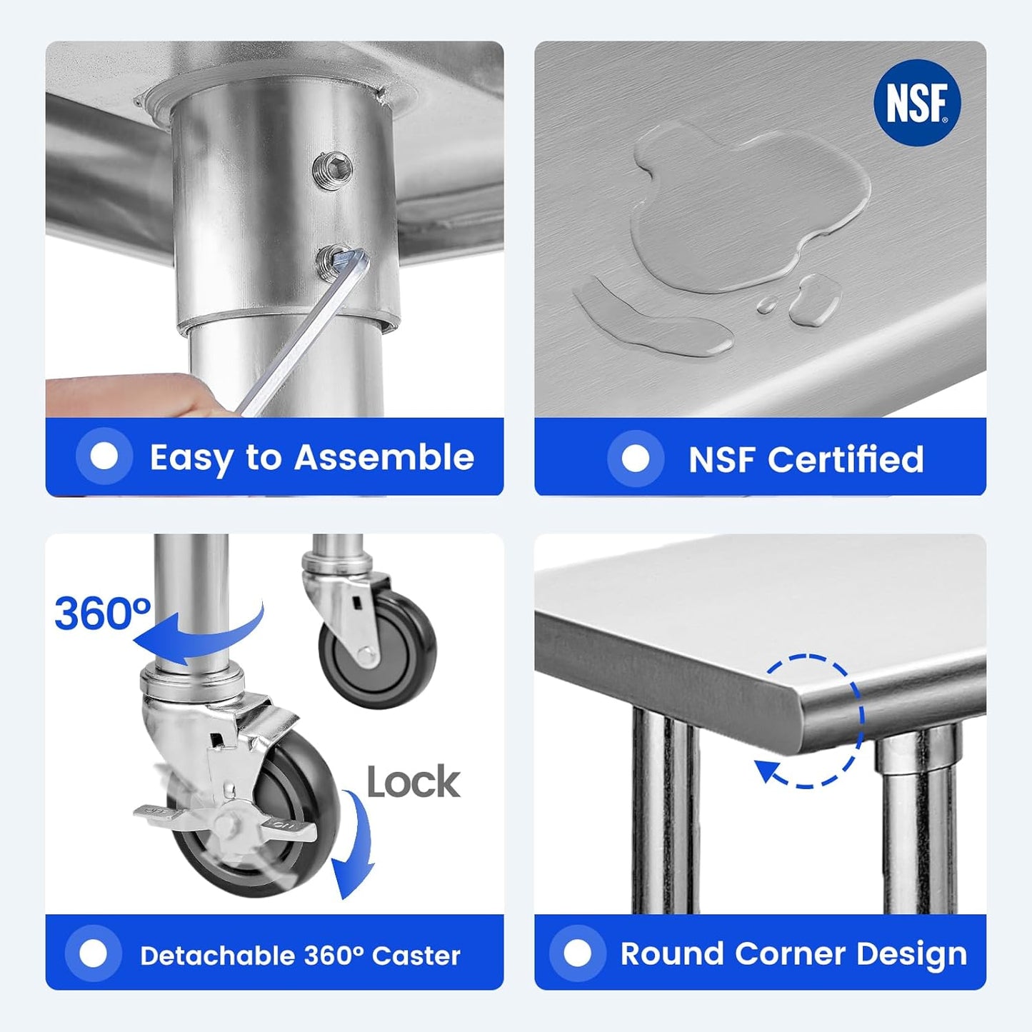 Hally Stainless Steel Table for Prep & Work 24 x 72 Inches with Caster Wheels, NSF Commercial Heavy Duty Table with Undershelf and Galvanized Legs for Restaurant, Home and Hotel