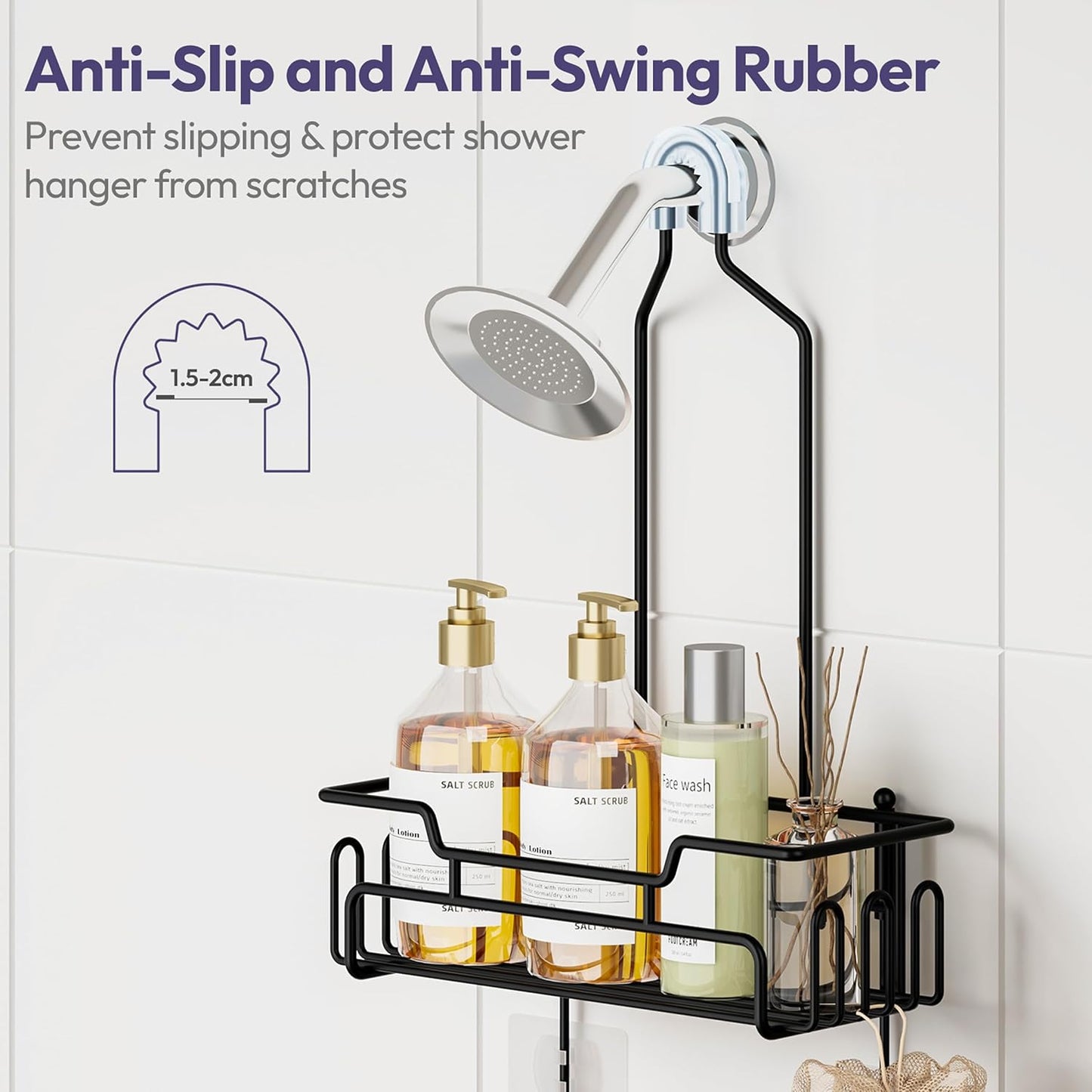 SWTYMIKI Bathroom Shower Caddy Hanging - Extended Length 2 Tier Rustproof Over Shower Head Organizer, No Drilling Bathroom Shelf with 14 Hooks & Soap Holder, Anti-Swing Rack, Black, Medium
