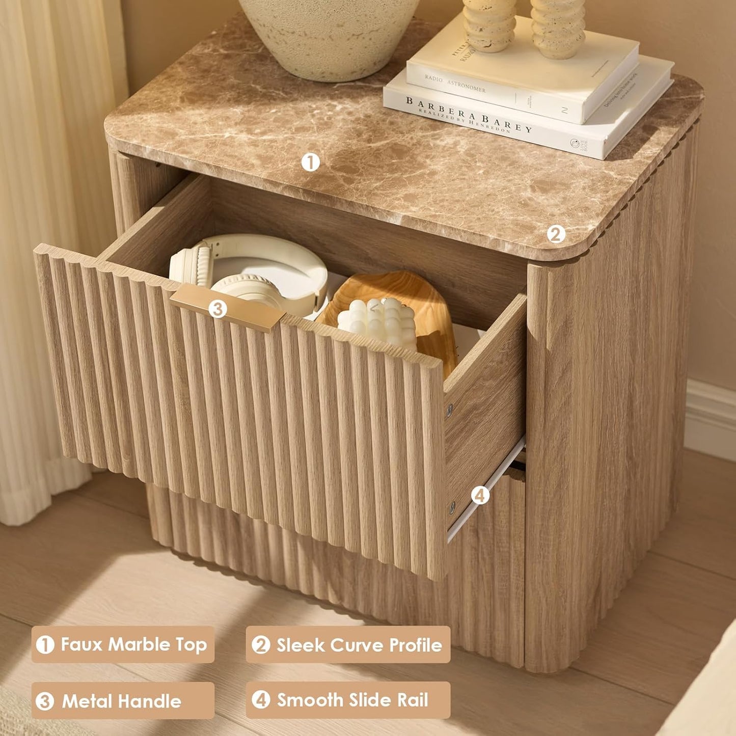 Fluted Nightstand with 2 Drawers, Bedside Table with Faux Marble-Top, Engineered Wood End Table with Curved Corners, Metal Handle, Modern Night Stand for Bedroom, Small Spaces, Natural Oak