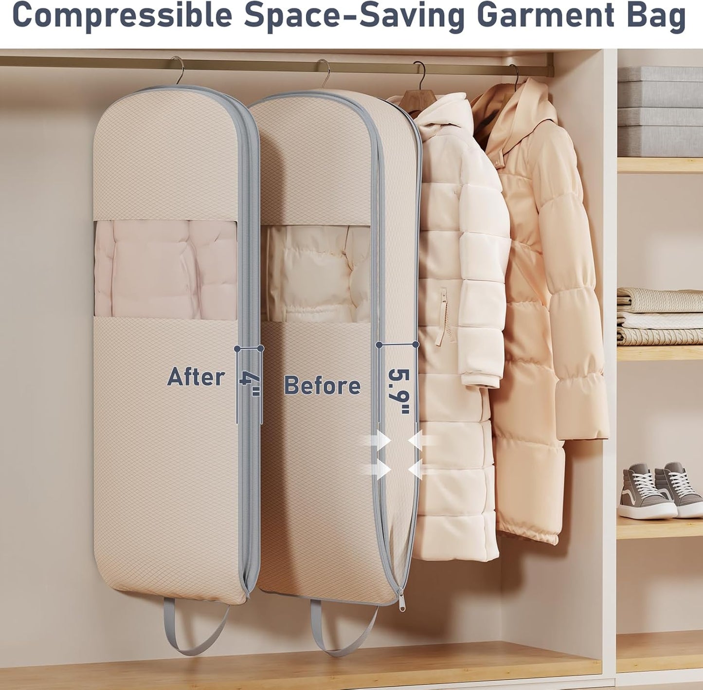 DIMJ 4 Pack 43" Compression Garment Bags for Hanging Clothes With Carry Handles and Window, Space Saving Washable Suit Bag for Dress, Clothes, Coats, Down Jacket, Closet Storage, Moving, Travel
