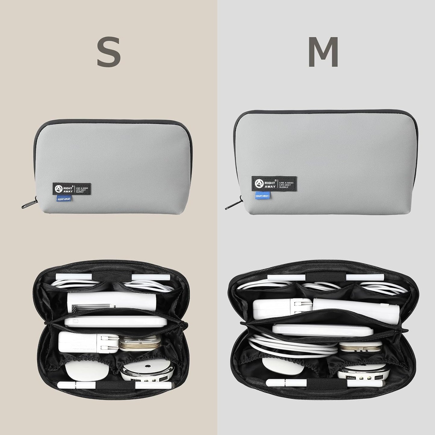 RIGHT AWAY Travel Tech Pouch，Waterproof Cord Case，Electronics Organizer Travel Case，Cable Organizer Storage Bag For Phone, Charger, Accessories（Gray）