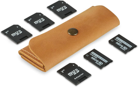 Leather SD/Micro SD Card Holder & Organizer, Storage Case, Travel Memory Card Cover (Vintage Brown)