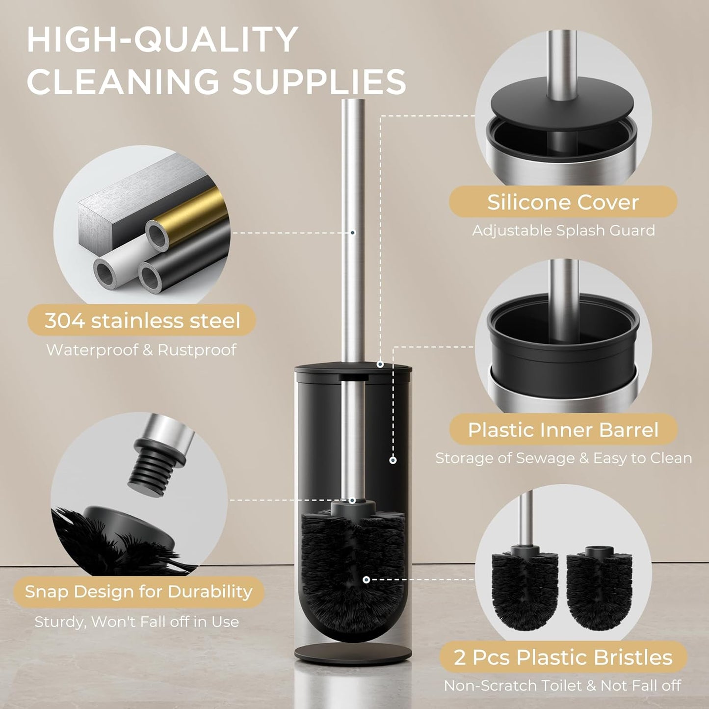 FORIOUS Toilet Brush and Holder Set Brushed Nickel, Heavy Duty 304 Stainless Steel Base and Long Handle Toilet Bowl Cleaners Brush, for Bathroom Storage and Organization, 2 Brush Head