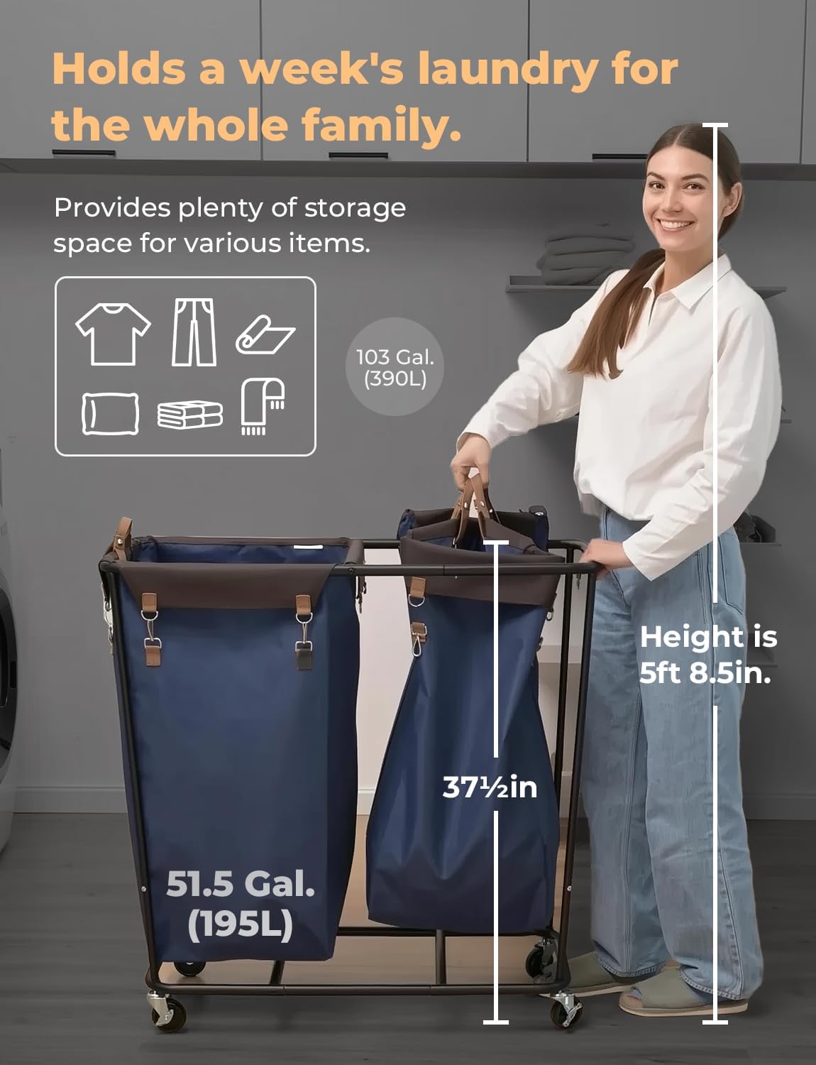 StorageWorks 390L Extra Large Lanudry Hamper with Wheels, Laundry Basket with Wheels 2 Sections, Clothes Sorter Cart with Divider for Hotel, Home, Blue, 1-Pack