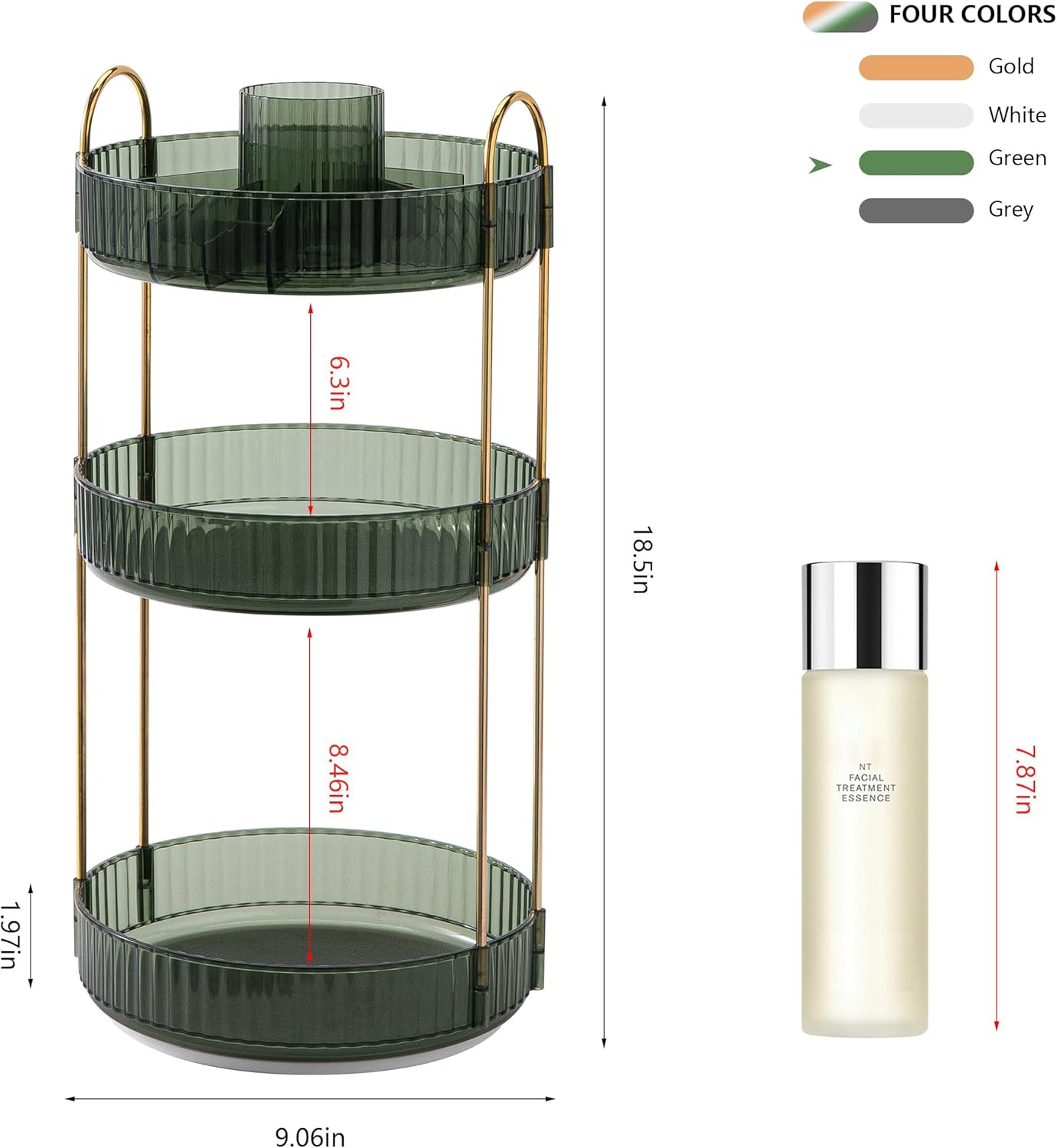 YCIA&DONE Rotating Makeup Organizer for Vanity, Large Capacity Make Up Storage Skin Care Shelf Perfume Holders Cosmetic Dresser Organizer Countertop Spinning 360 (Vintage Green, 3Tiers)