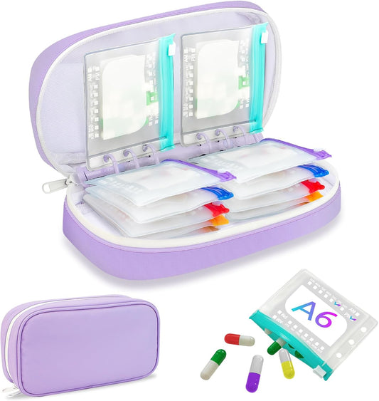 Weekly Pill Organizer 2 Times a Day - Timueetech A6 Waterproof 14 Pill Pouch Bags for Travel, BPA-Free Medicine Storage with Labels & Self-Sealing Design for Vitamins and Supplements, Purple