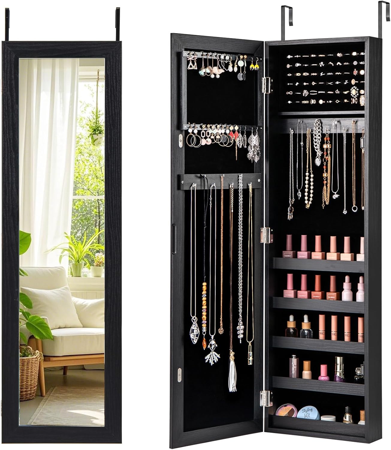 Giantex Wall or Door Mounted Jewelry Cabinet with Full Length Mirror, Over The Door Jewelry Armoire Organizer, Hanging Storage Cabinet with Necklace Hooks, Earring Slots, Ring Slots & Shelves (Black)