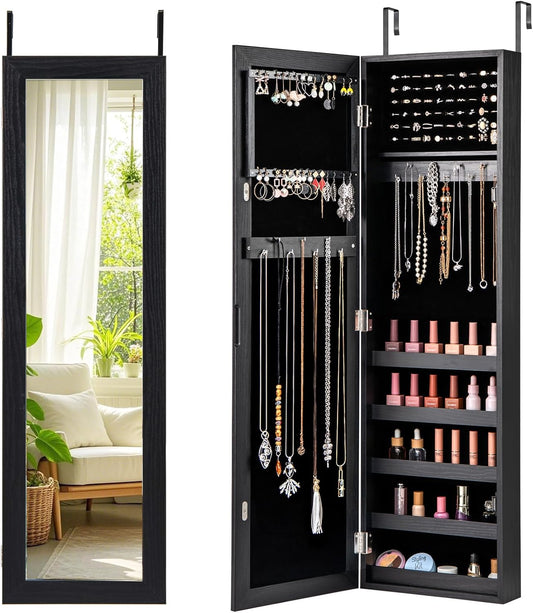 Giantex Wall or Door Mounted Jewelry Cabinet with Full Length Mirror, Over The Door Jewelry Armoire Organizer, Hanging Storage Cabinet with Necklace Hooks, Earring Slots, Ring Slots & Shelves (Black)