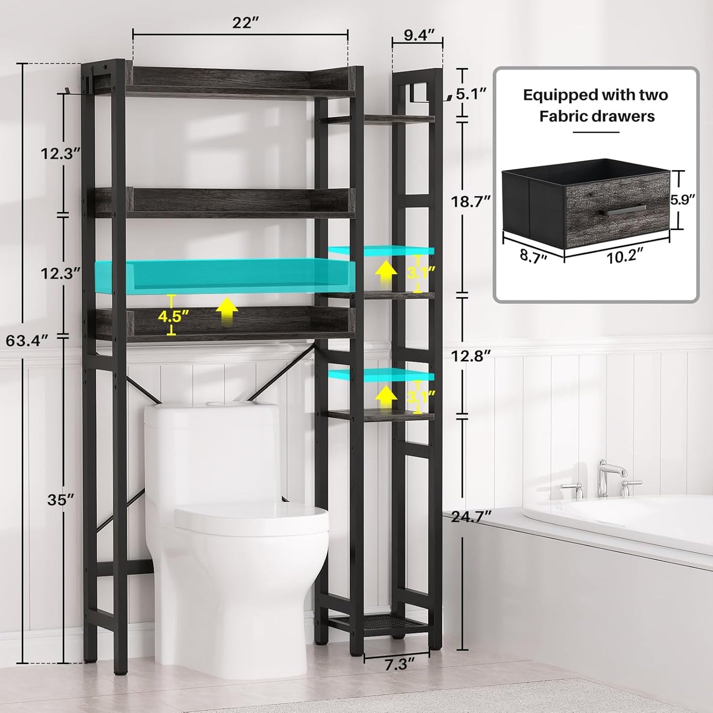 Over The Toilet Storage with 2 Drawers - 7 Tier Bathroom Organizer with Adjustable Shelf, Freestanding Space Saver Storage Rack Above Toilet Stand with 4 Hooks for Restroom, Laundry, Grey Oak