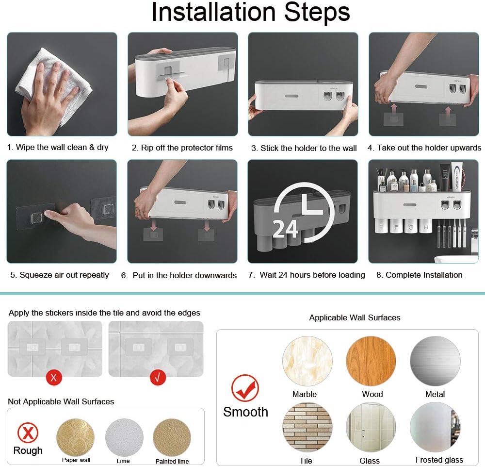Toothbrush Holders Wall Mounted, Toothbrush Holder with Automatic Toothpaste Dispensers, 6 Brush Slots, 2 Magnetic Cups,1 Cosmetic Drawer Organizer and 1 Large Storage Tray