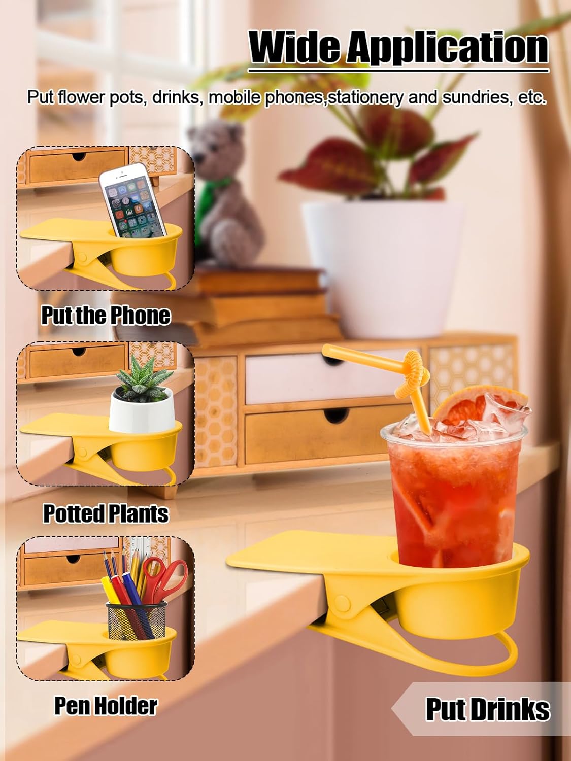 Kalolary 2-Pack Table Edge Cup Holder - Versatile Clip for Drinking Cups, Mugs & Bottles - Ideal for Home, Office & School (Yellow)