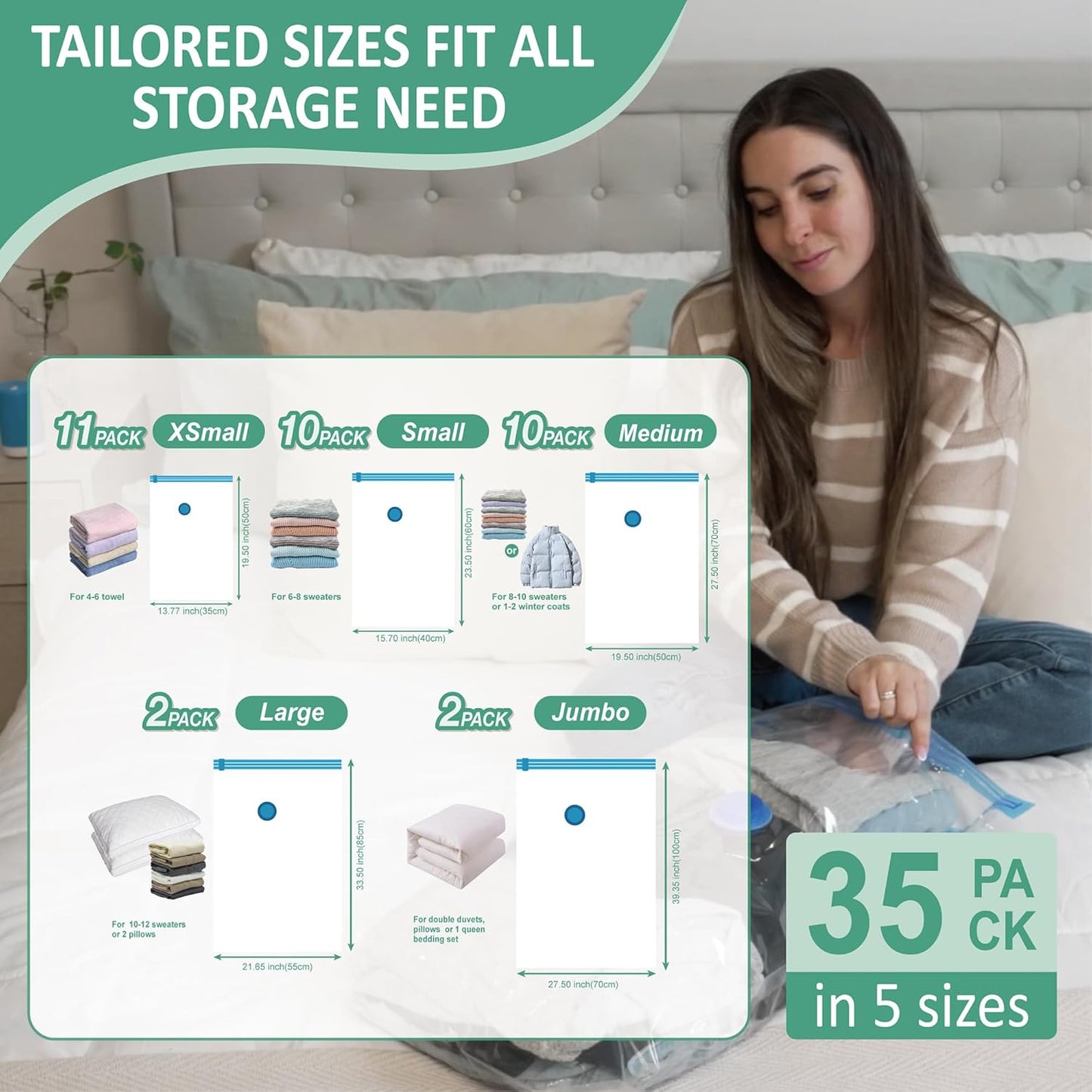 35 Pack Vacuum Storage Bags with Rechargeable Wireless Portable Electric Pump, Vacuum Seal Space Saver Bags for Clothing, Pillows, Blanket, Bedding, Comforters