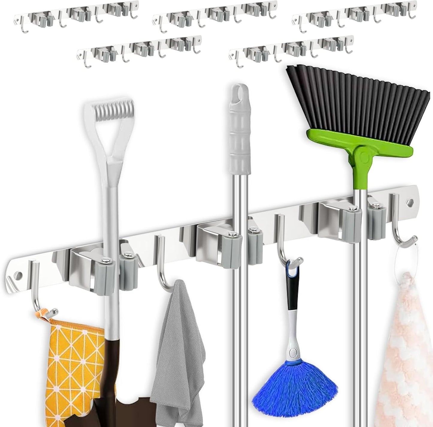 5 Pack Broom Holder Wall Mount 3 Racks 4 Hooks Stainless Steel Broom Mop Holder Anti Slip Storage Rack Strong Load Bearing Waterproof Broom and Mop Organizer Wall Hanging for Bathroom Kitchen Garage