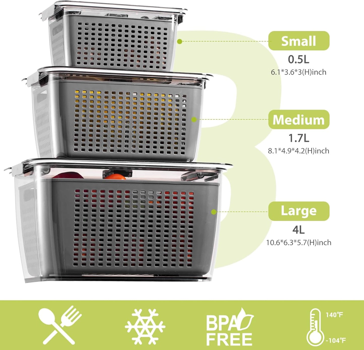 Fresh Fruit Vegetable Storage Containers, 3 Pack Produce Saver Container for Fridge with Lids &Removable Colander BPA-Free Refrigerator organizer for Fruit, Veggie Berry, Meat Keep Fresh Longer- Grey
