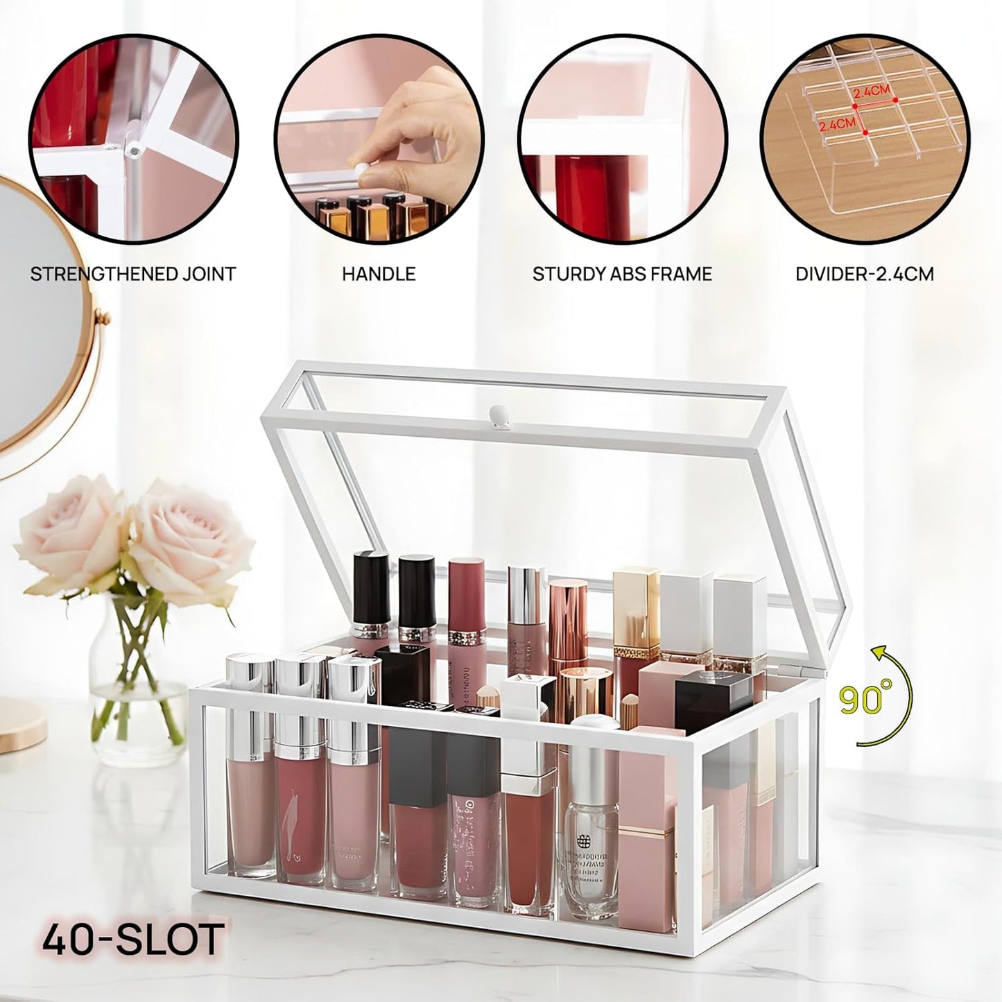 40 Lipsticks Organizer with Lid, Glass Display Box Fits Large Perfume & Skincare, Easy-Access Organiser for Vanity Countertop, Multifunctional Display Box in Any Rooms