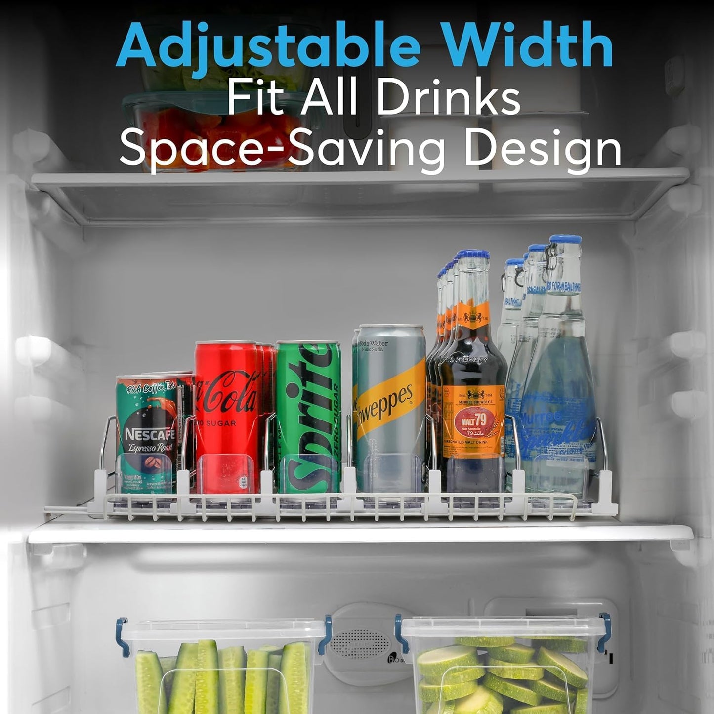 Dwella Drink Organizer for Fridge with Pusher Glide, 5 Rows Spring Loaded Fridge Drink Dispenser, Self Pushing Soda Can Organizer for Refrigerator, Bottle Beverage Organizer for Fridge Drink Holder