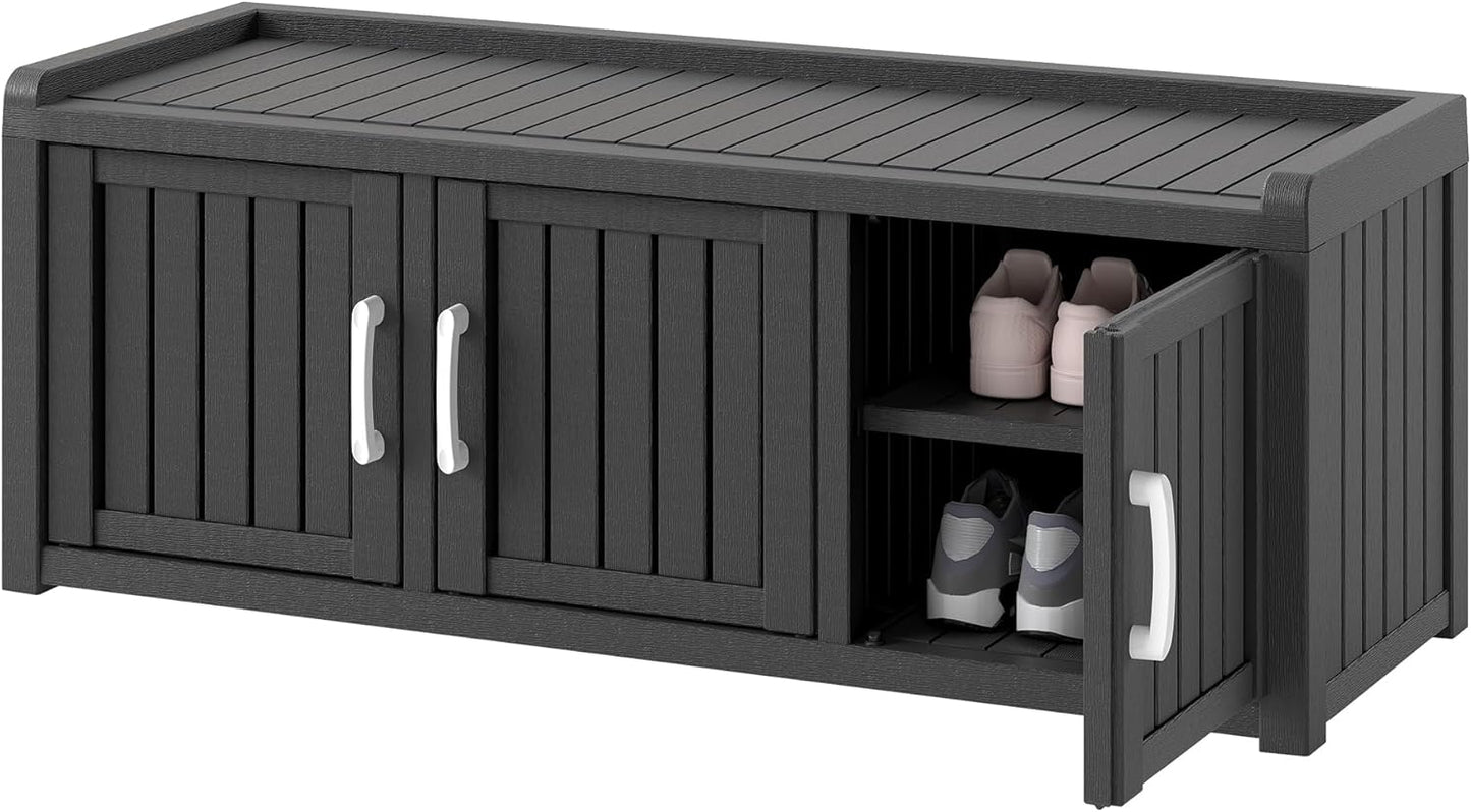 KAMABOKO Outdoor Shoe Storage Cabinet Waterproof UV-Resistant, Entryway Storage Bench Indoor Outdoor with 3 Barn Doors, Adjustable Shelves for Entryway, Bedroom, Hallway,Living Room(Black)