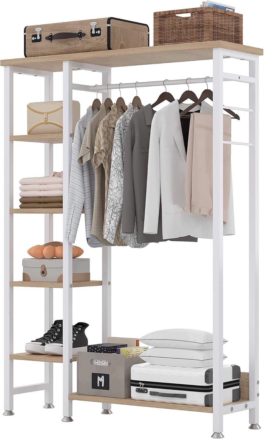 VECELO Open Garment Clothing Rack, Free-Standing Heavy Duty Storage Closet with 5 Shelves and Hanging Rod for Small Spaces, Max Load 350LBS, White Oak