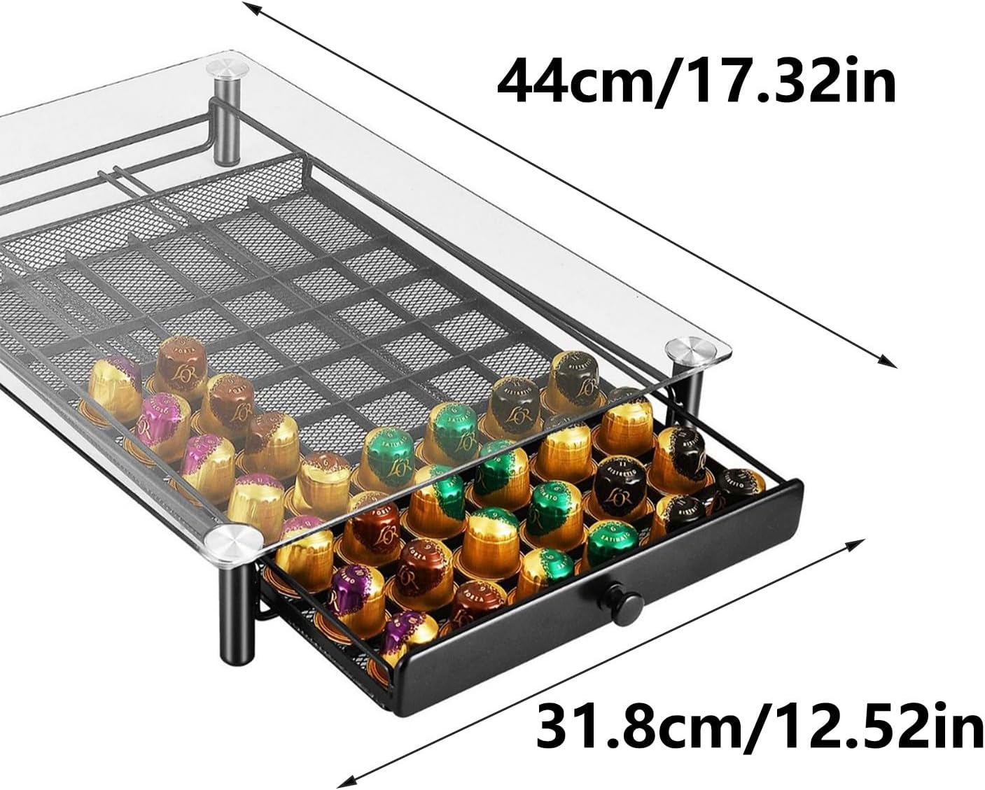Clear Glass Coffee Pods Storage Drawer Organiser Large Capacity Espresso Pods Holder Stand with Metal Frame