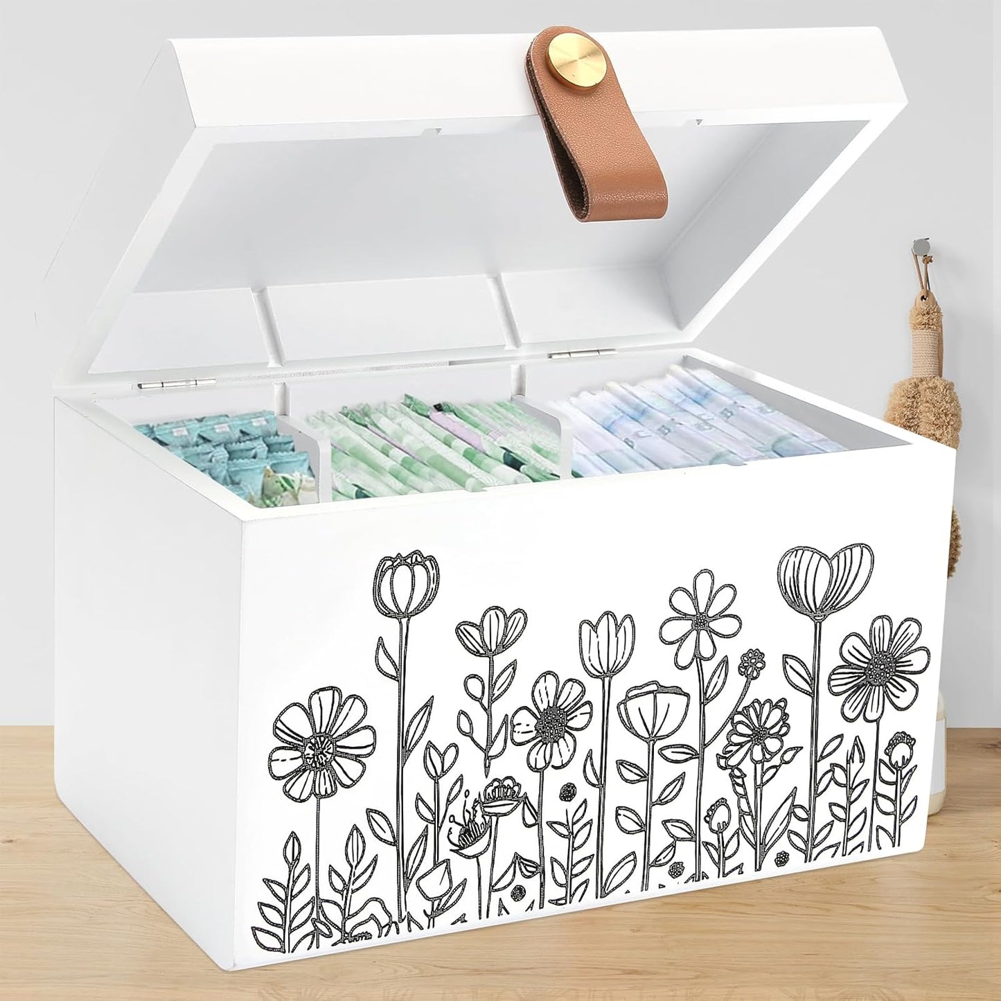 100% Solid Wood Tampon Holder Box with Lid, Copper Leather Pull, Absolute Real Wood Bathroom Decorative Box for Feminine Product Storage and Accessories such as Tampons, Cotton Balls, Gifts for Women