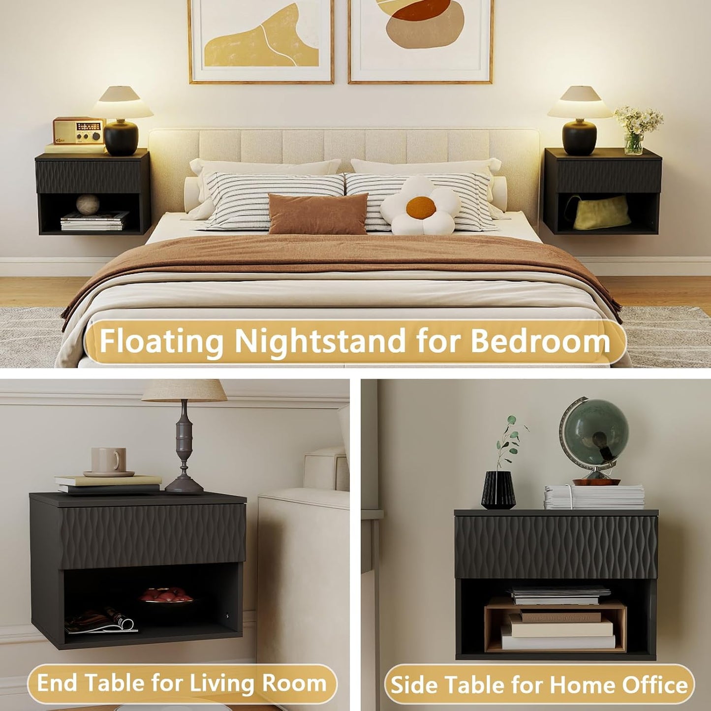 Vibe & Dine Floating Nightstand Set of 2, Wall Mounted Night Stand with Wavy Pattern Design, Modern Bedside Tables with Drawers for Bedroom, Easy Assembly, Black