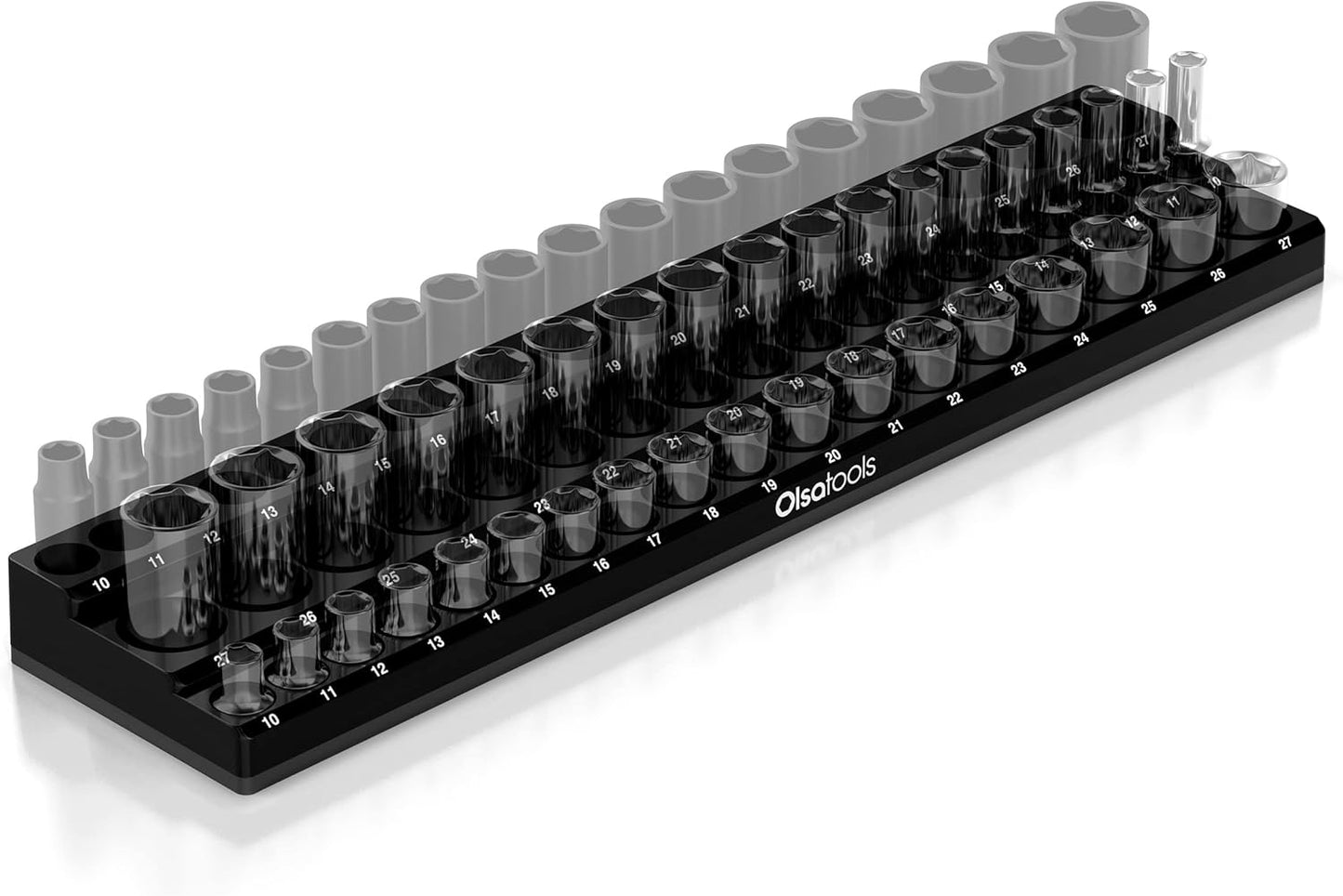 Olsa Tools Magnetic Socket Organizer (1/2-Inch Drive, 3 Row) - Magnetic Tool Organizer & Socket Holder - Tool Box Socket Organizers - Metric Black - Holds 54 Sockets - Professional Grade - Part: 1552