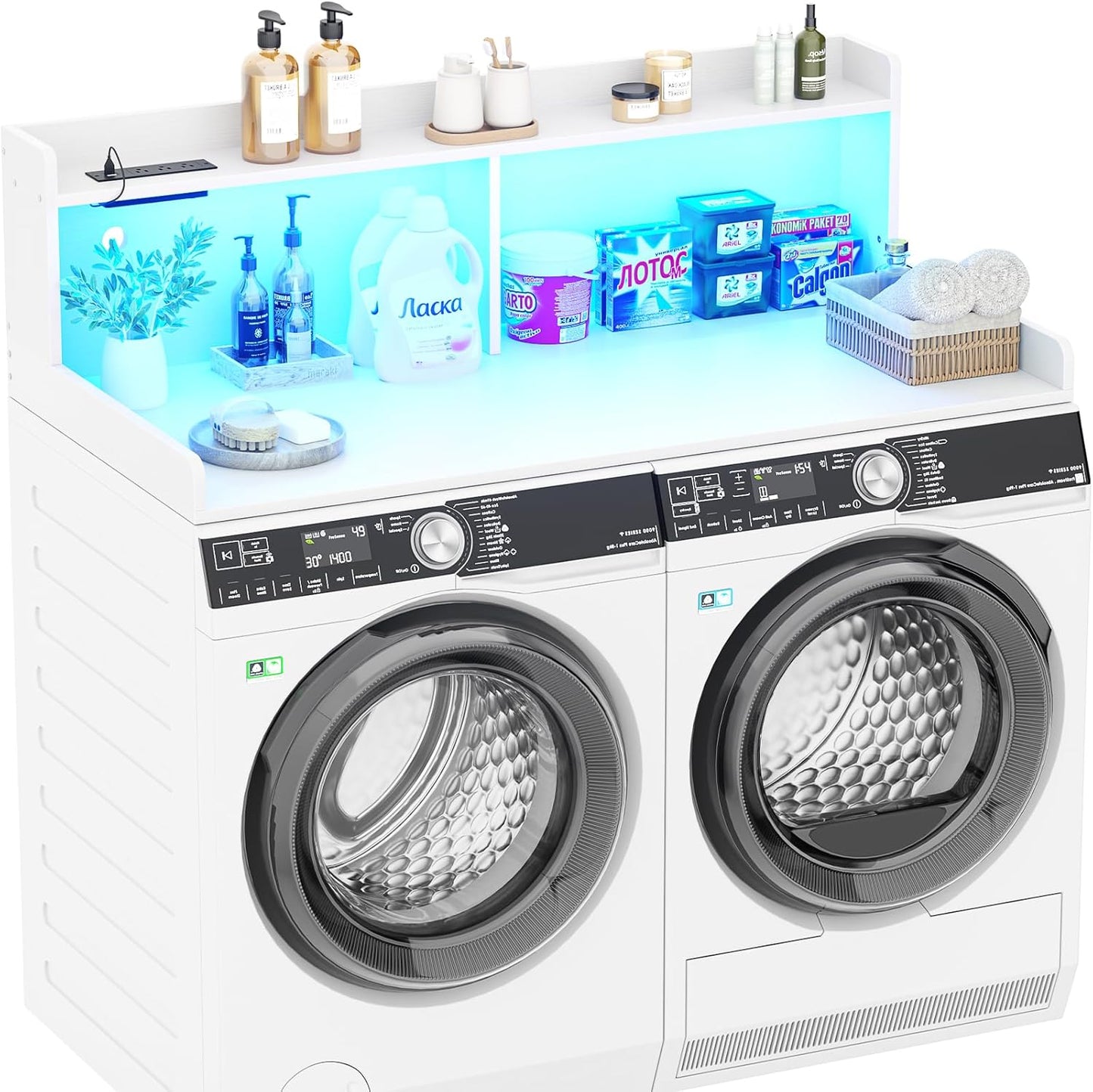 Aheaplus Washer and Dryer Countertop, 2-Tier Laundry Countertop Cover with LED Lights and Power Strip, Large Space Laundry Topper with Shelf for Laundry Room Organization, White