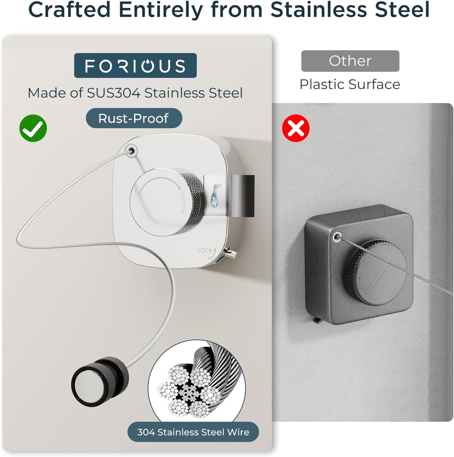 FORIOUS Retractable Clothesline Indoor, 13.8 Ft Non-Sagging Outdoor Clothes Line, Rustproof All Stainless Steel Heavy Duty Clothes Drying Laundry Line, Screw Wall Mounted for Bathroom, Chrome
