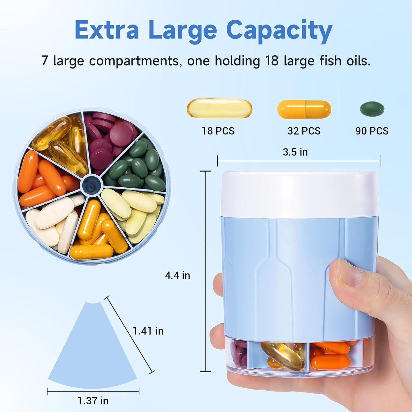 Daviky Pill Bottle Organizer, Supplement Organizer with 7 Large Compartments, Travel Pill Dispenser Round Pill Box with Two Lids（Blue）