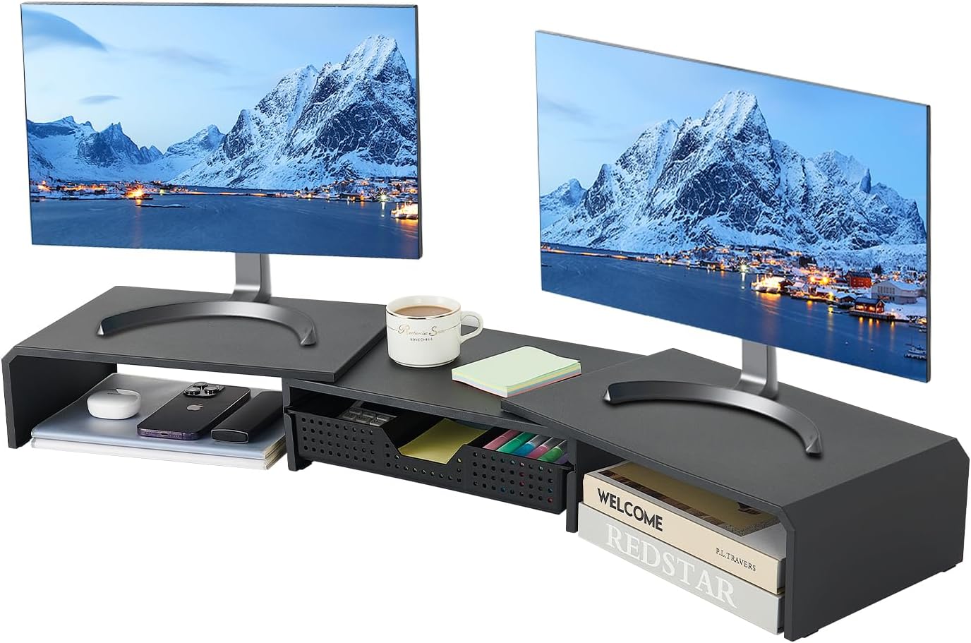 Dual Monitor Stand Riser with Drawer, Computer Stand for Desk, Workspace Desktop Stand, Desk Organizer for Computer, Laptop, TV and More (Black)