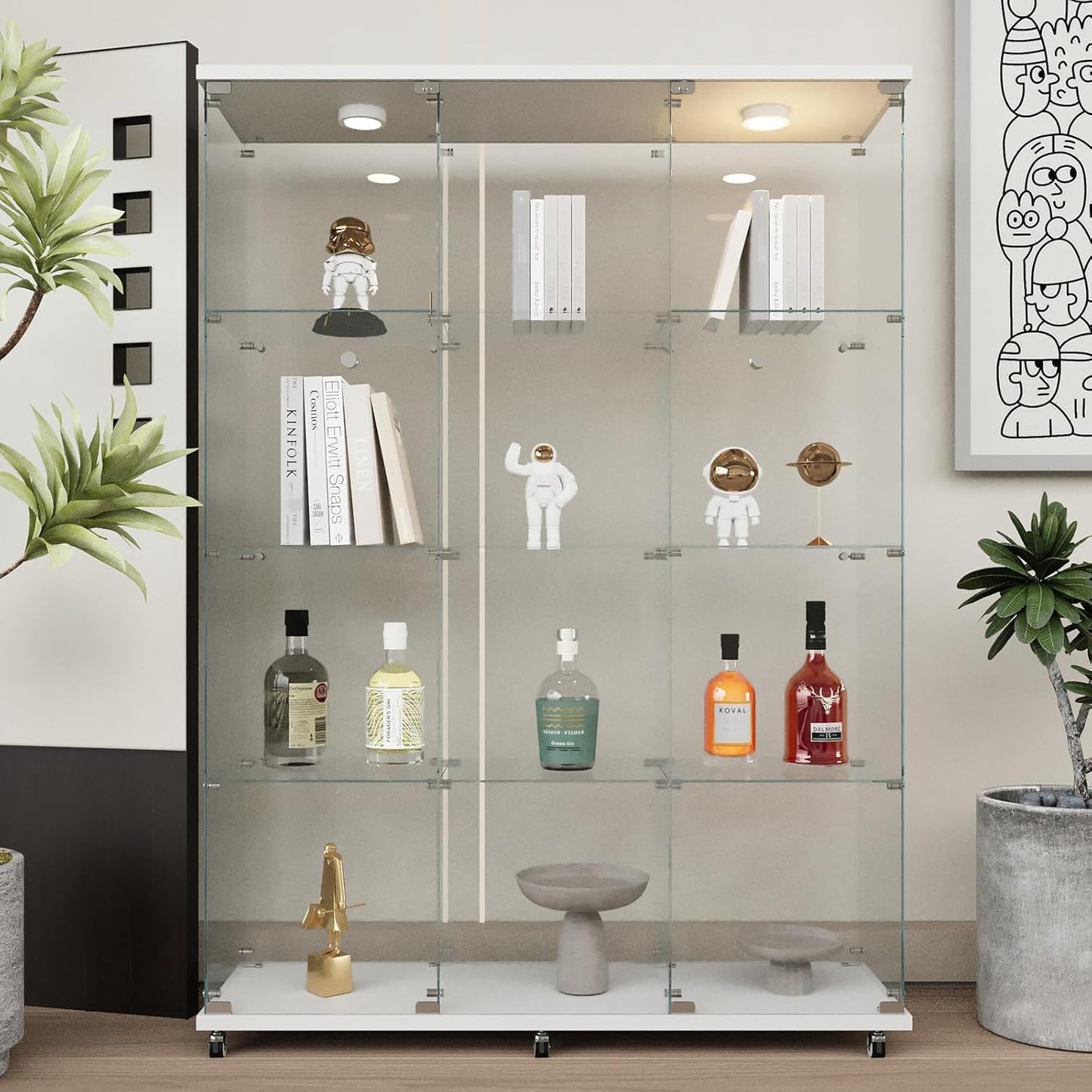 Beauty4U Glass Display Cabinet with LED Lights, Extra Large 3 Columns 2 Doors Curio Cabinets with 12 Shelves for Living Room, Bedroom, Office, White Floor Standing DIY Glass Bookshelf