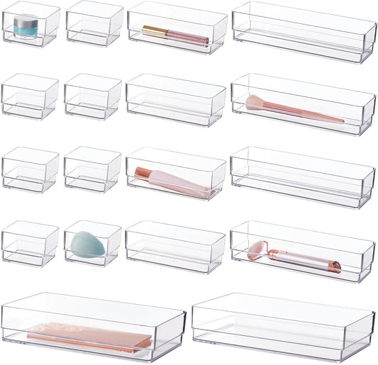 STORi SimpleSort 18-Piece Stackable Clear Drawer Organizer Set | Multi-size Trays | Makeup Vanity Storage Bins and Office Desk Drawer Dividers | Made in USA