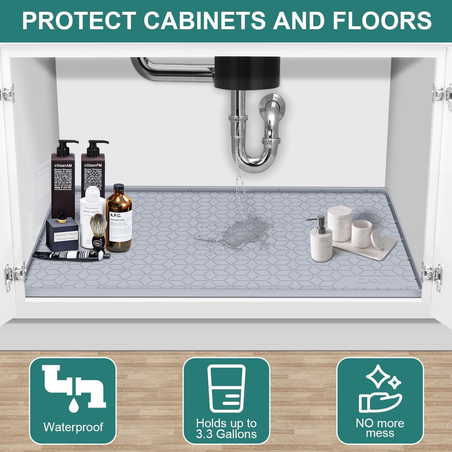 Under Sink Mat, 34" x 19" Waterproof Silicone Under Sink Tray for Kitchen & Laundry Cabinets, Kitchen Cabinet Shelf Protector, Up to 3.3 Gallons Liquid, Fits 36 inch Standard Cabinet Light Grey