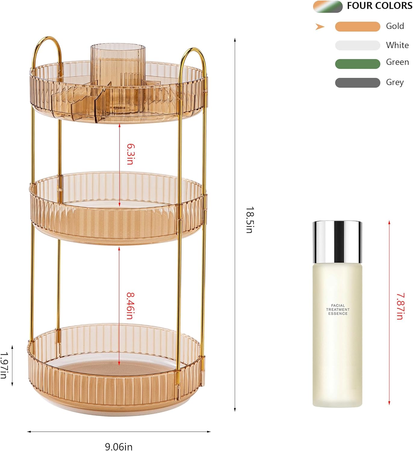 YCIA&DONE Rotating Makeup Organizer for Vanity, Large Capacity Make Up Storage Skin care Shelf Perfume Holders Cosmetic Dresser Organizer Countertop Spinning 360 (Amber Gold, 3Tiers)
