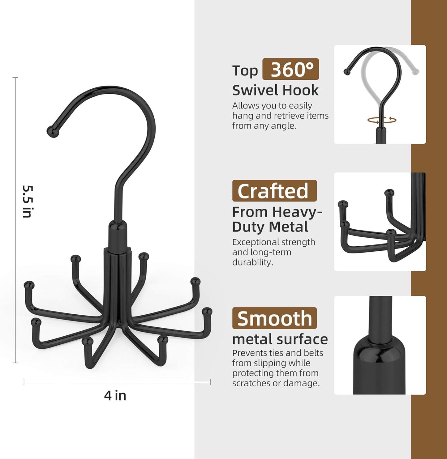 ZEDODIER Tie Hanger for Closet, Rotatable Tie Organizer for Men with 8 Hooks, Heavy Duty Space Saving Tie Rack for Ties and Belts, Black