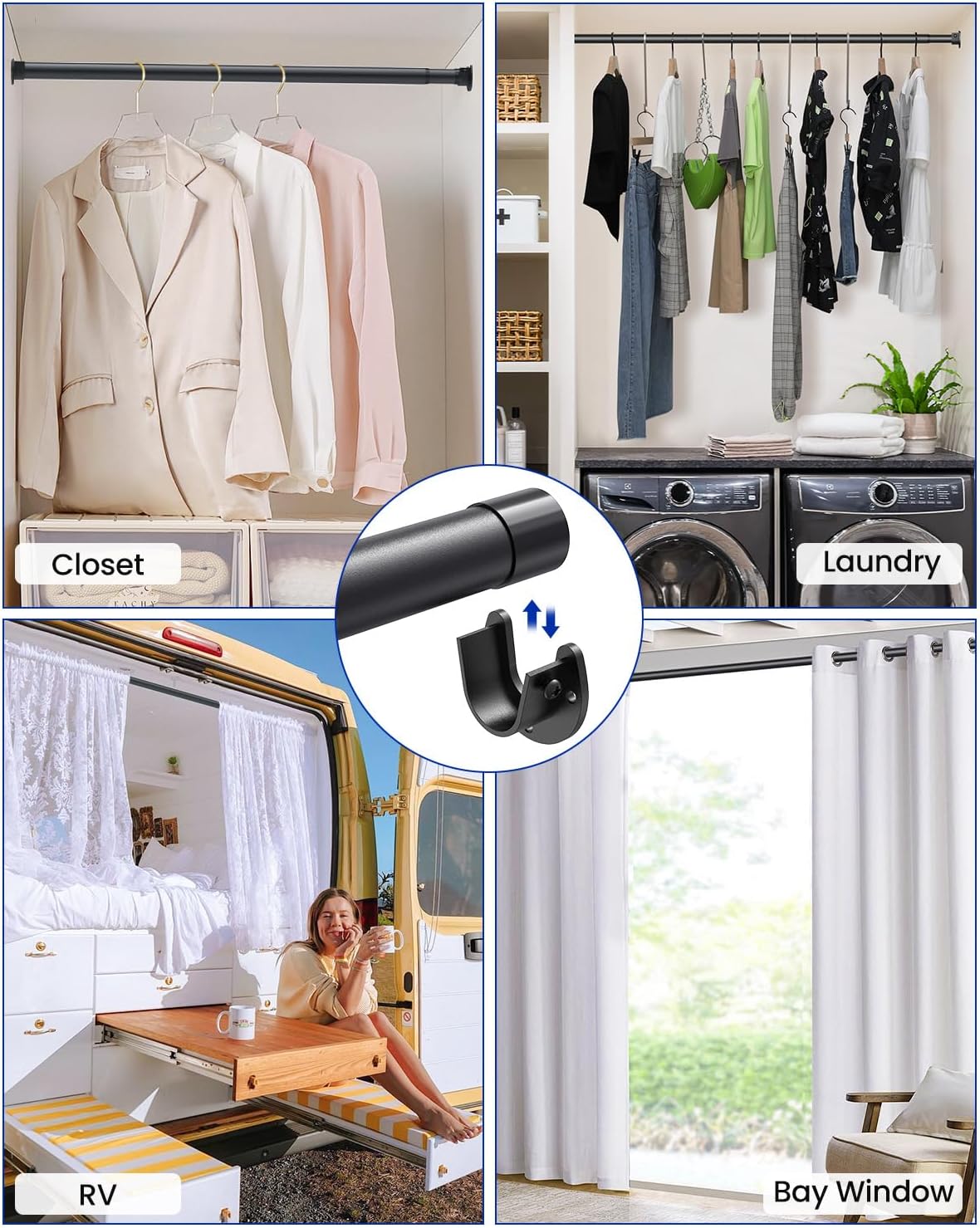 4 PACK Closet Rods for Hanging Clothes, 17 to 84 Inches Stepless Adjustable Metal Closet Rod, 1.3 Inches Heavy Duty Clothes Hanging Rod for Closet Wardrobes Laundry RV, Black