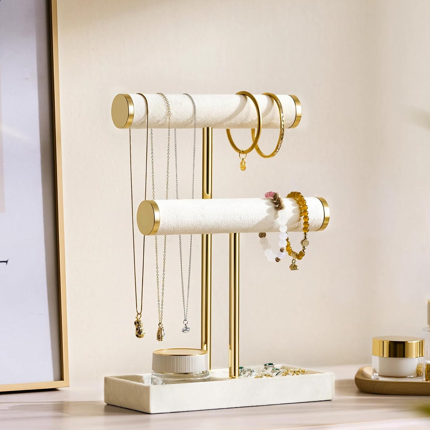 2 Tier Bracelet Holder Display - Detachable T Bar Beige Velvet Bracelet Holder, Jewelry Holder Organizer for Bracelet, Necklace, Earrings, Rings