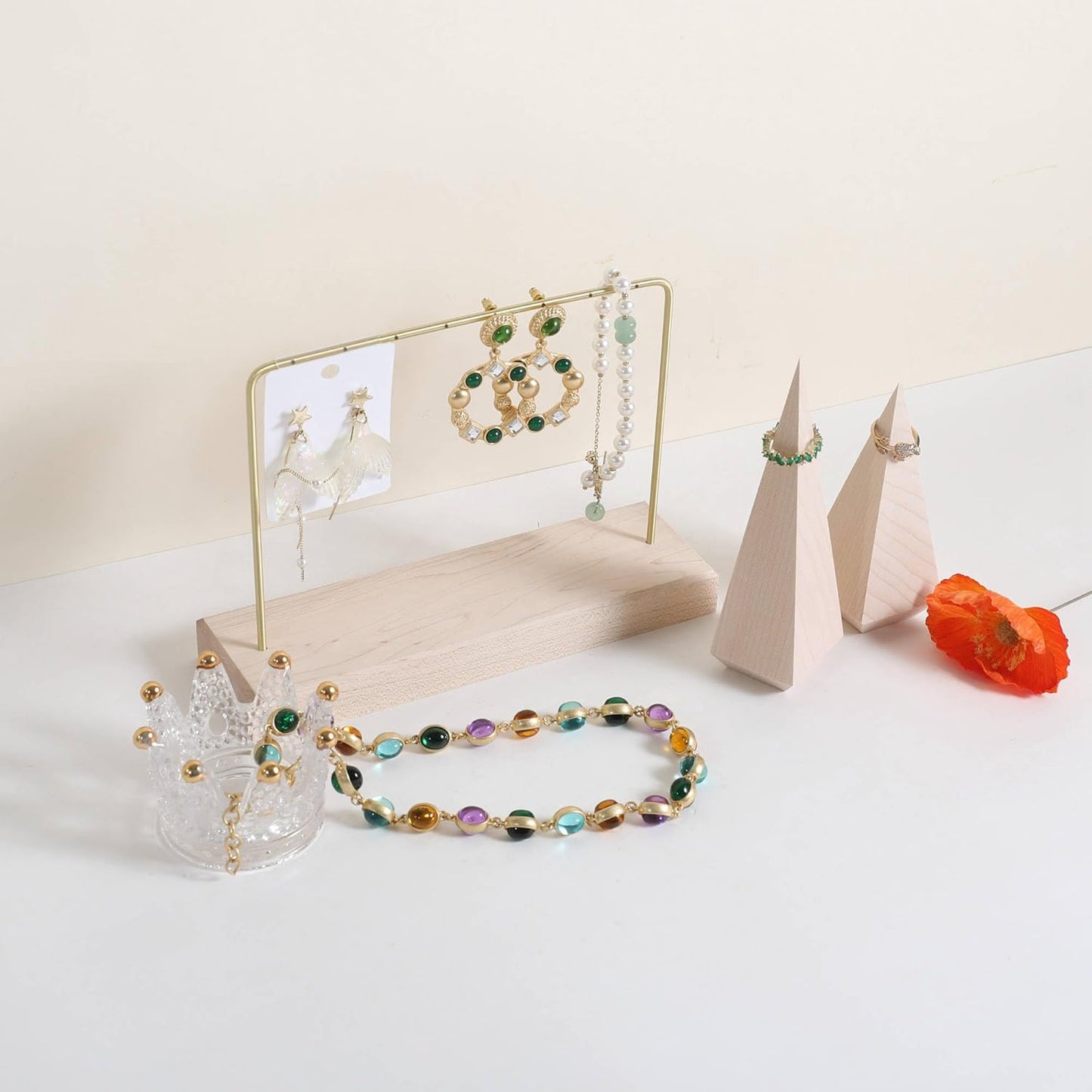 GemeShou Maple Earring holder for selling, Brass earring stands and displays for show, Wood Jewelry Storage hanging shelf for Girl Woman【U Shelf-Maple】
