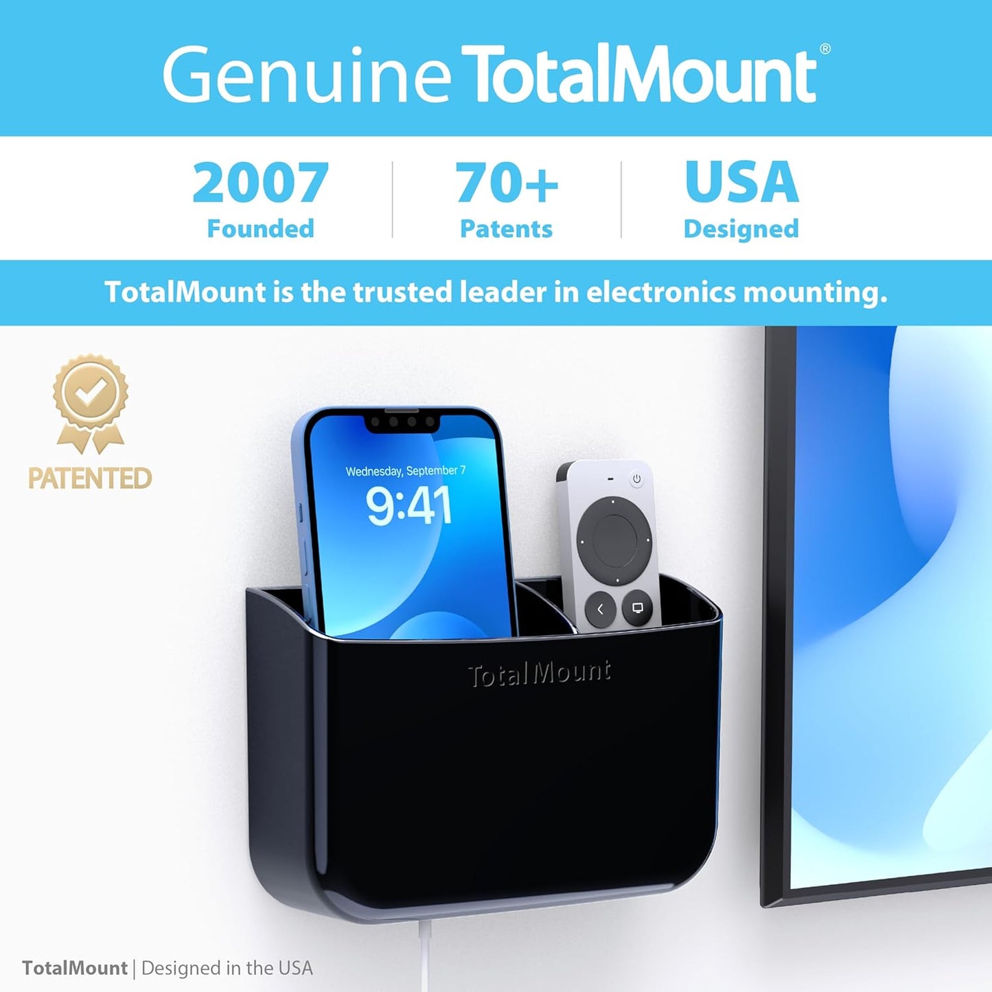 TotalMount Hole-Free Remote Holder – Eliminates Need to Drill Holes in Your Wall (Premium Black Holder for 2 or 3 Remotes)
